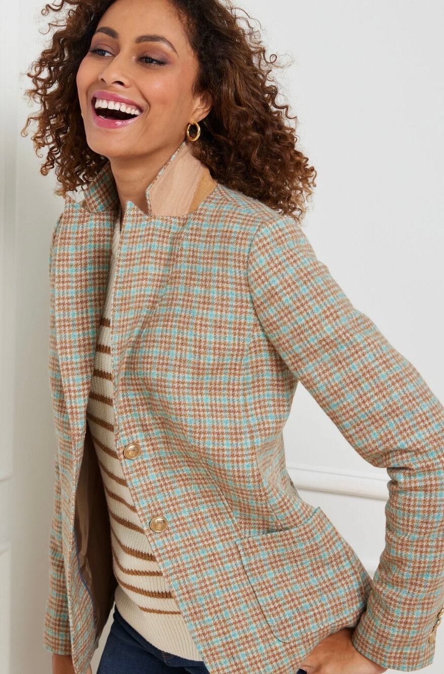 Talbots Classic Wool Blend Shetland Blazer Fall Plaid Equestrian Mature Sz 14